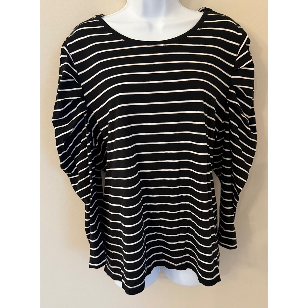 Chico's Striped Top Size 4 XXL Black White Pleated Puff Shoulder Long Sleeve